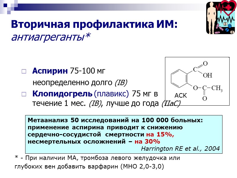Вторичная профилактика ИМ: антиагреганты*   Аспирин 75-100 мг    неопределенно долго